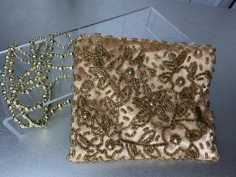 Vintage Gold Floral Beaded Evening Bag Purse Mini Small Zip Beaded Strap